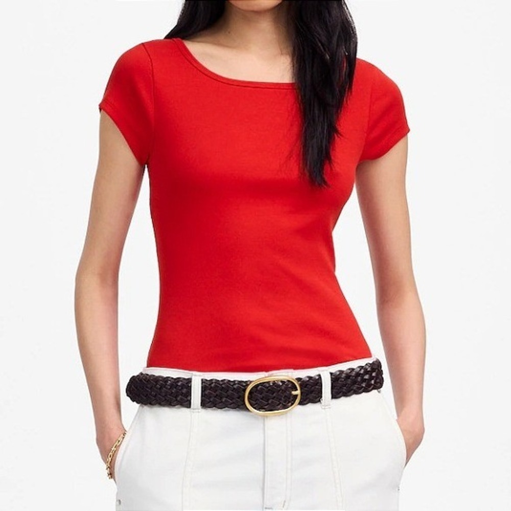 Madewell T-Shirt Womens S Red Bright Ribbed Cotton Scoop Neck Baby Tee NWT